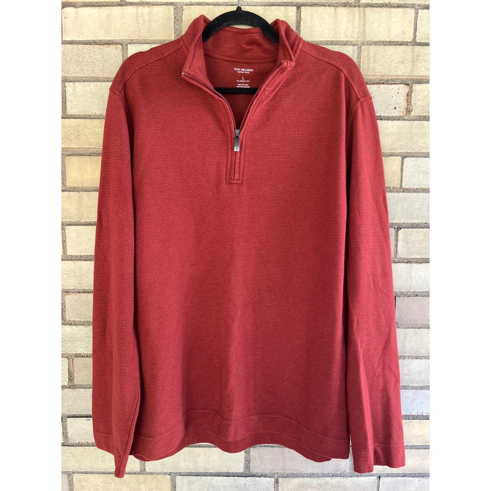 Van Heusen Never Tuck Quarter Zip Pullover Sweater Rust Red Ribbed Men's Large